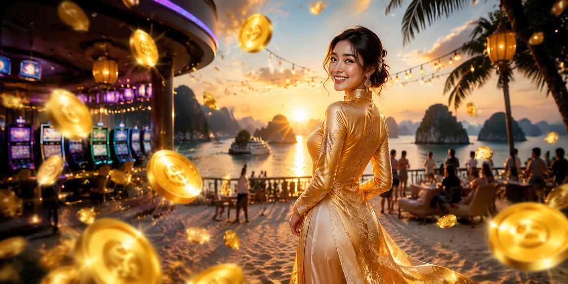 Người chơi High Roller trang phục áo dài tại khu vực casino sang trọng gần Vịnh Hạ Long
